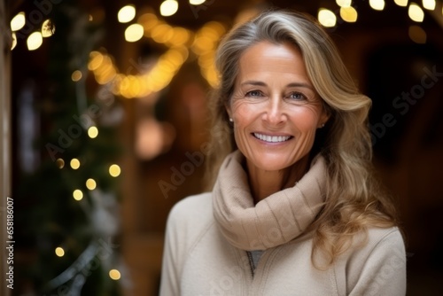 Portrait of happy senior woman smiling at camera in front of christmas lights