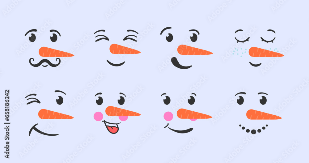 Set of funny snowman faces isolated on a white background. Cartoon funny doodle snowman head face with different emotions. Winter holidays, Christmas and New Year. Vector illustration, eps 10.