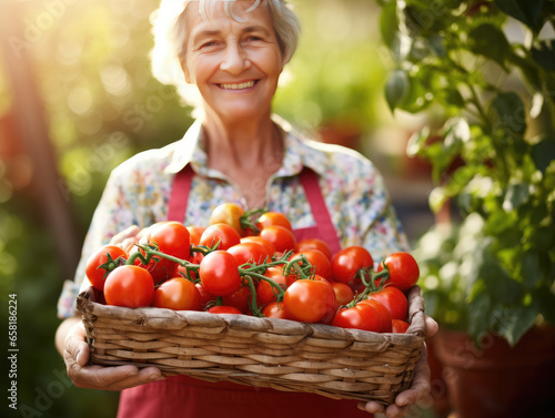 senior woman holding basket of tomatoes