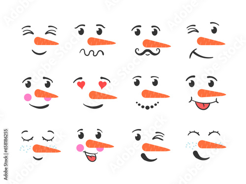 Cartoon funny doodle snowman head face with different emotions. Set of funny snowman faces isolated on a white background. Winter holidays, Christmas and New Year.
