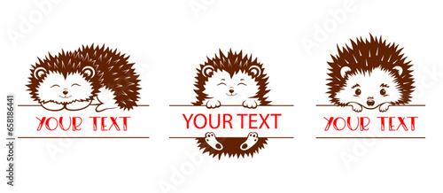 Baby name monogram. Set of hedgehog monogram with space for text. Peeking face hedgehog. Baby name sign.