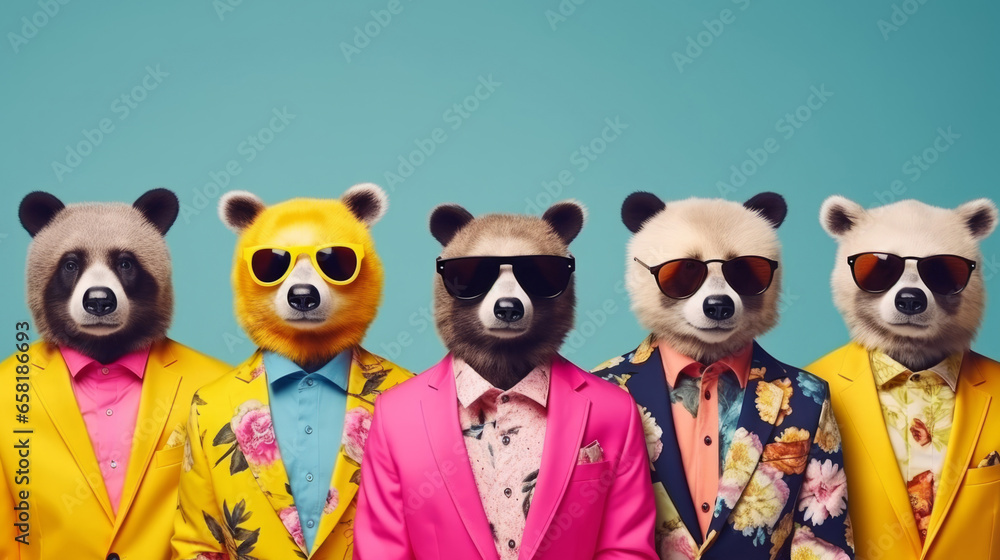 Pandas wearing human clothes. Abstract art background copyspace concept.