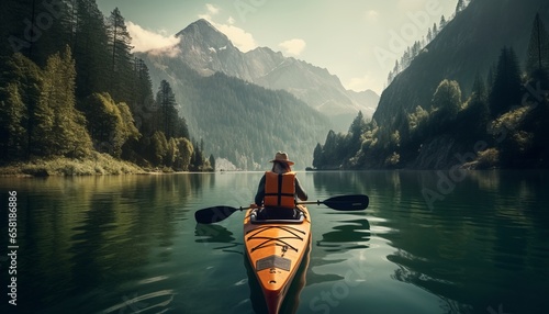 Serene Kayaking Adventure on a Majestic Lake Surrounded by Lush Trees and Towering Mountains © ParinApril