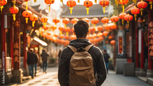 man travelling walking in chinatown