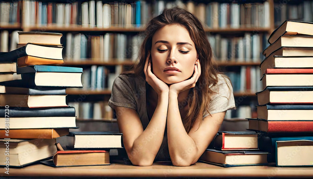Bored student woman closed eyes and sitting at library on book background Bored student woman closed eyes and sitting at library on book background