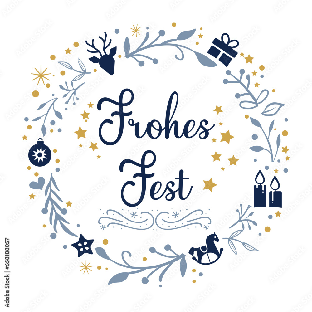 Frohes Fest Weihnachtsgrüße mit weihnachtlich geschmücktem Kranz