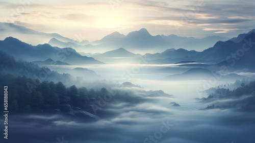 Ethereal mist enveloping an abstract landscape in .