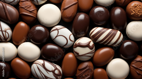 Assorted Chocolate pralines on brown background.