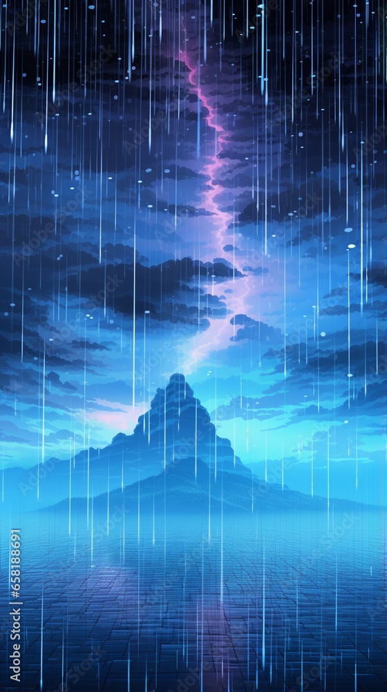 Fototapeta premium Glitchy digital rain pouring from a fractured sky. .