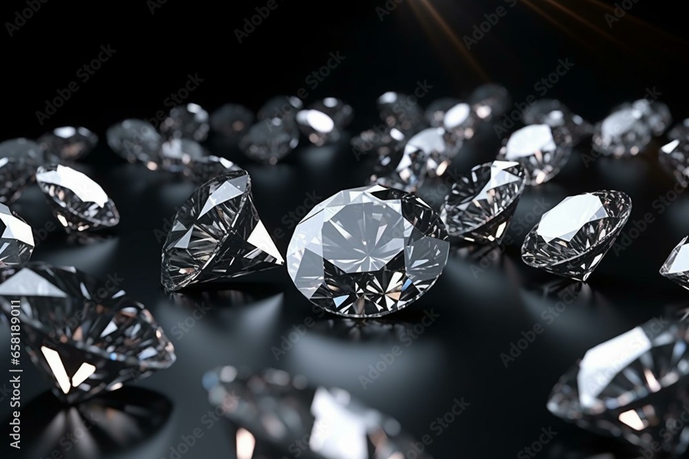 3D rendering of sparkling diamonds on a shiny black surface. Generative AI
