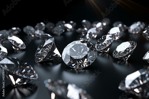 3D rendering of sparkling diamonds on a shiny black surface. Generative AI