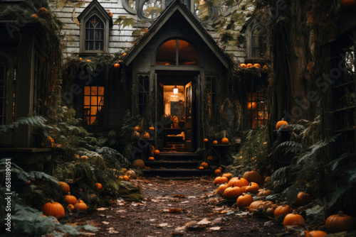 Jack o' Lanterns by the Haunted House