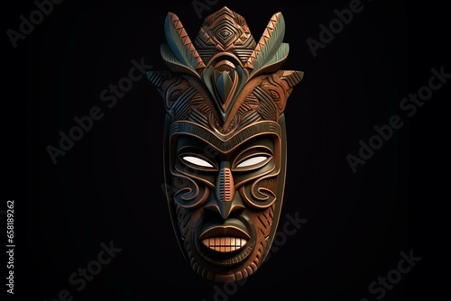 Wooden ethnic tiki mask of African tribes on dark background. Generative AI