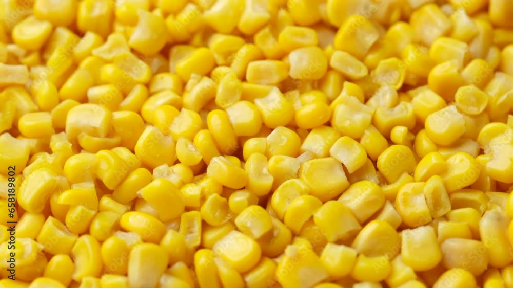 Zoom frame canned corn top view, rotating Zoom frame canned corn top view, rotating