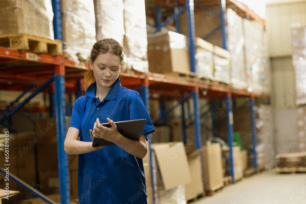 Young caucasian woman worker use tablet technology checking stock in warehouse cargo goods storage. Products Inventory management staff working.