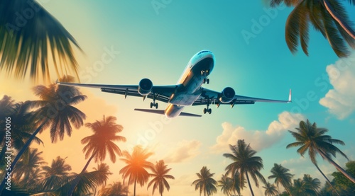 Sunlit Afternoon: Passenger Airplane Soaring Above Palm Trees