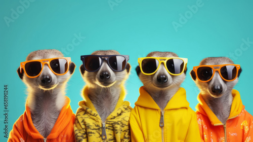 Meerkat wearing human clothes. Abstract art background copyspace concept.