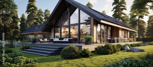 Modern chalet style house with garage large garden lawn and warm light