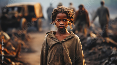 Heart-wrenching portrait of a determined African girl carrying firewood through a war-torn village.