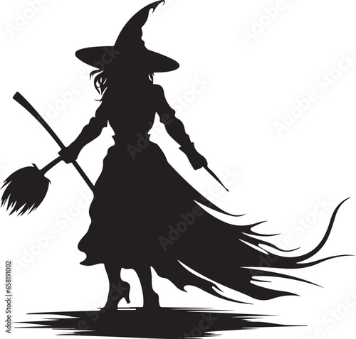 Witch character flying on a broomstick silhouette vector mythical character for Halloween Magic female in witch hat Terrifying sticker illustration 
