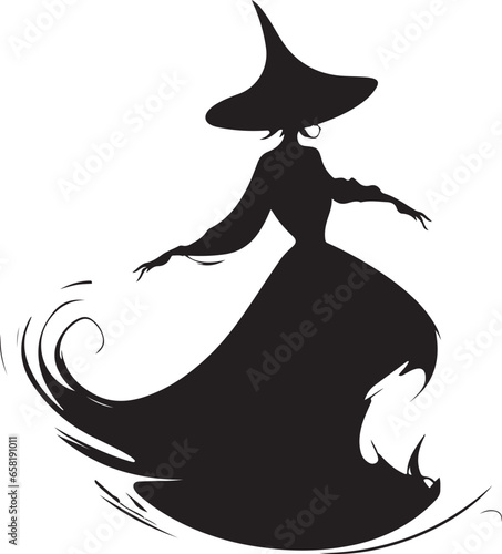 Witch character flying on a broomstick silhouette vector mythical character for Halloween Magic female in witch hat Terrifying sticker illustration 
