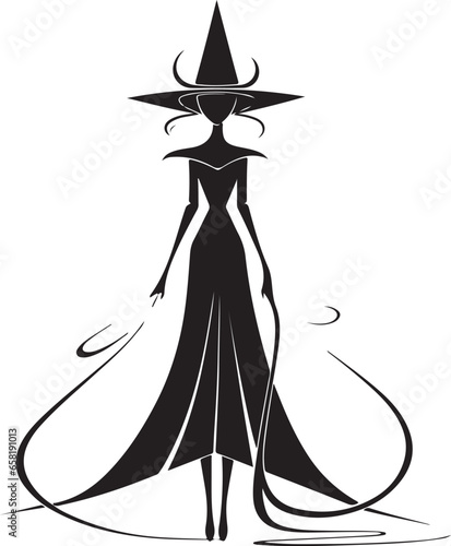 Witch character flying on a broomstick silhouette vector mythical character for Halloween Magic female in witch hat Terrifying sticker illustration 