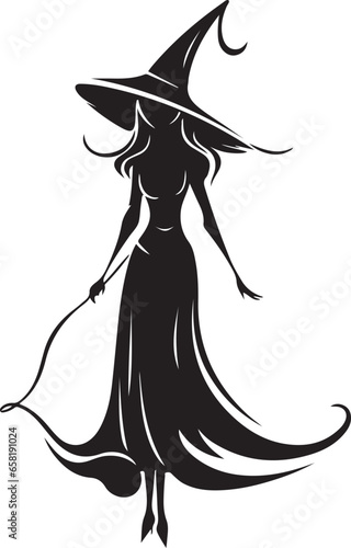 Witch character flying on a broomstick silhouette vector mythical character for Halloween Magic female in witch hat Terrifying sticker illustration 