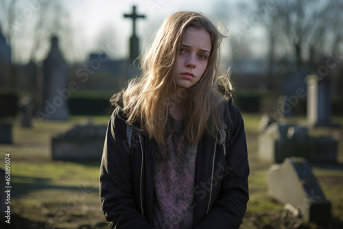 Sunlit Sorrow: Teen Girl in Cemetery © AIproduction
