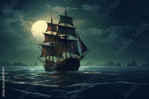 Illustration of a vintage ship sailing under the full moon on the sea. Generative AI