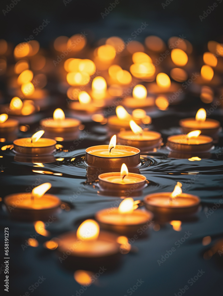 Mysterious candles float on tranquil, dark waters, illuminating a magical and spiritual scene.