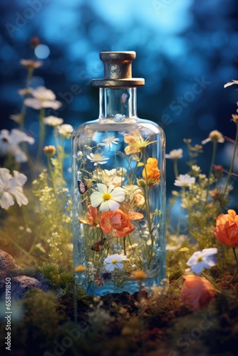 Beautiful fresh flowers in a glass bottle on blurred nature background. Flower therapy  natural therapy method  homeopathy. Green world and Earth day concept. Ecology and ecological balance