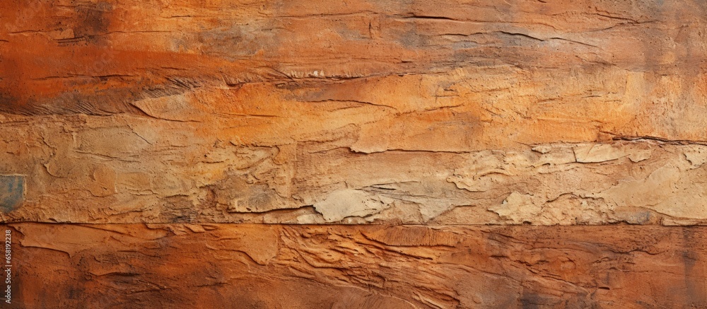 Compact layers of natural earth tones create a rammed earth wall with a fine grain dirty surface It is made of mixed soil gravel sand lime or cement over a clay background of old brown oran - obrazy, fototapety, plakaty 