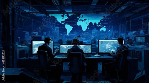 Security Room: Three People Monitoring Computers for Maximum Safety