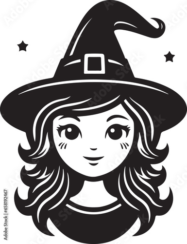 Witch character silhouette vector mythical character for Halloween Magic female in witch hat Terrifying sticker illustration 