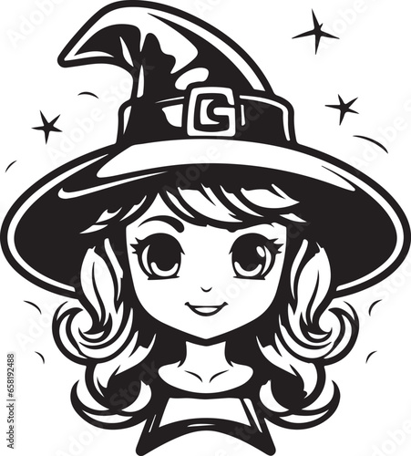 Witch character silhouette vector mythical character for Halloween Magic female in witch hat Terrifying sticker illustration 