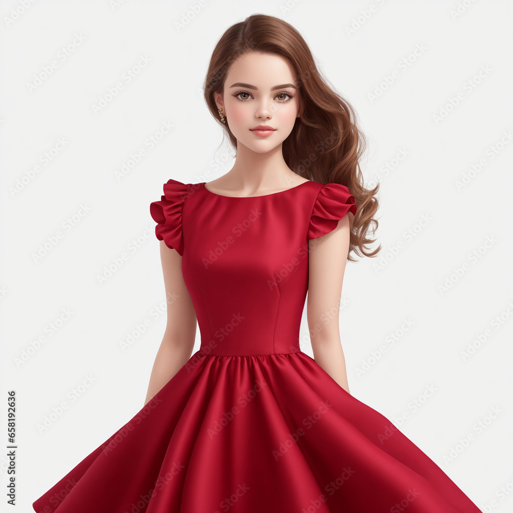 On white background, There is a beautiful young woman wearing a Ruby dress On white background, There is a beautiful young woman wearing a Ruby dress