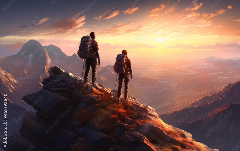 Journey to the Summit: Two Adventurers Conquering the Mountain at Sunset Journey to the Summit: Two Adventurers Conquering the Mountain at Sunset