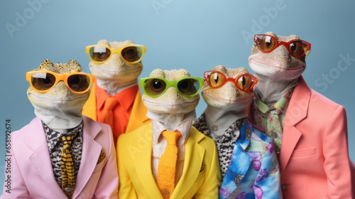 Geckos wearing human clothes. Abstract art background copyspace concept. © ReneBot/Peopleimages - AI