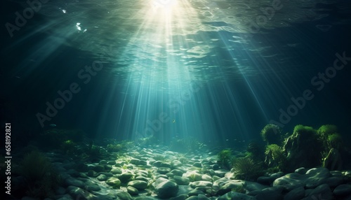 Underwater Sunrays: A Captivating Green Ocean with Sunlight Beams © ParinApril