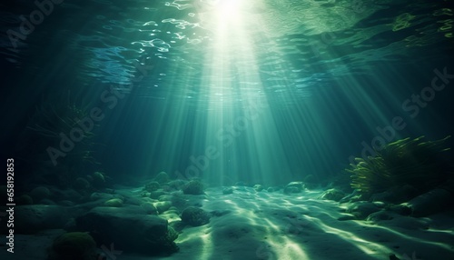 Underwater Sunrays: A Captivating Green Ocean with Sunlight Beams © ParinApril