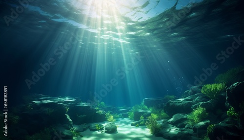 Underwater Sunrays: A Captivating Green Ocean with Sunlight Beams