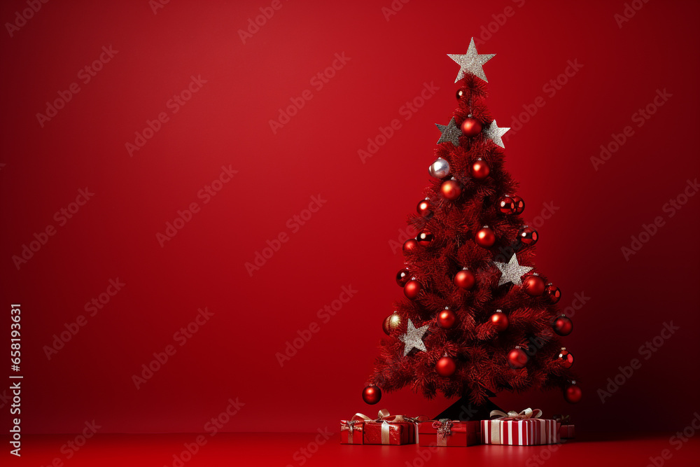 illustration of christmas tree on red background Created with Generative AI illustration of christmas tree on red background Created with Generative AI