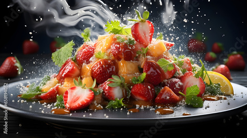 Immerse yourself in the vibrant world of Asian culinary photography, where flying strawberry and banana chunks take the spotlight, adorned with weed trichomes for a distinct twist photo