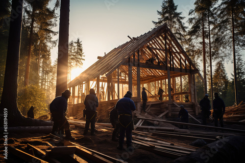 Construction of a wooden house in the forest in the rays of the setting sun photo