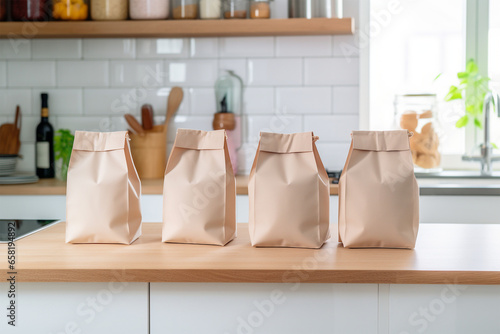Sustainable eco friendly packaging, zero waste multiple food paper bags on kitchen mockup. Light morning