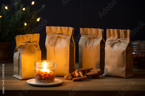 Sustainable eco friendly packaging, zero waste multiple food paper bags mockup on table with warm cosy lighting photo