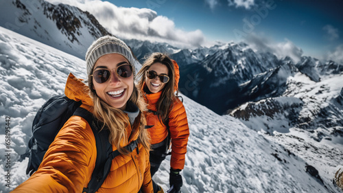 Two young women friends smiling in mountains while hiking and taking a selfie