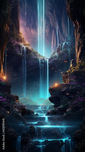 Luminescent Waterfall Flowing From a Digital Oasis in Cyberspace .