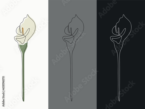 Three variants of calla lilies in the linart style, with a black outline and colored spots, just with a dark outline and with a white outline on a black background