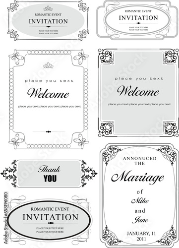 Set of ornate vector frames and ornaments with sample text. Perfect as invitation or announcement. All pieces are separate